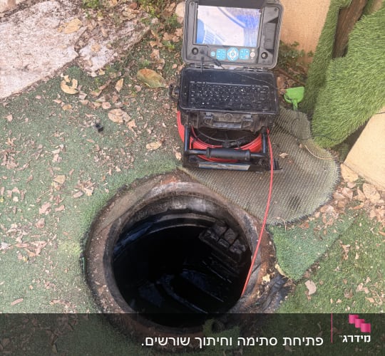 מכשיר בדיקה ליד פתח ביוב עם צינור אדום